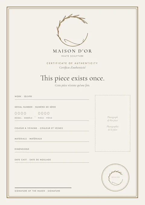 The Maison D’Or certificate of authenticity, with fields for the work, the serial number, colour and veining, materials, dimensions, casting date, a photograph and the maker’s signature